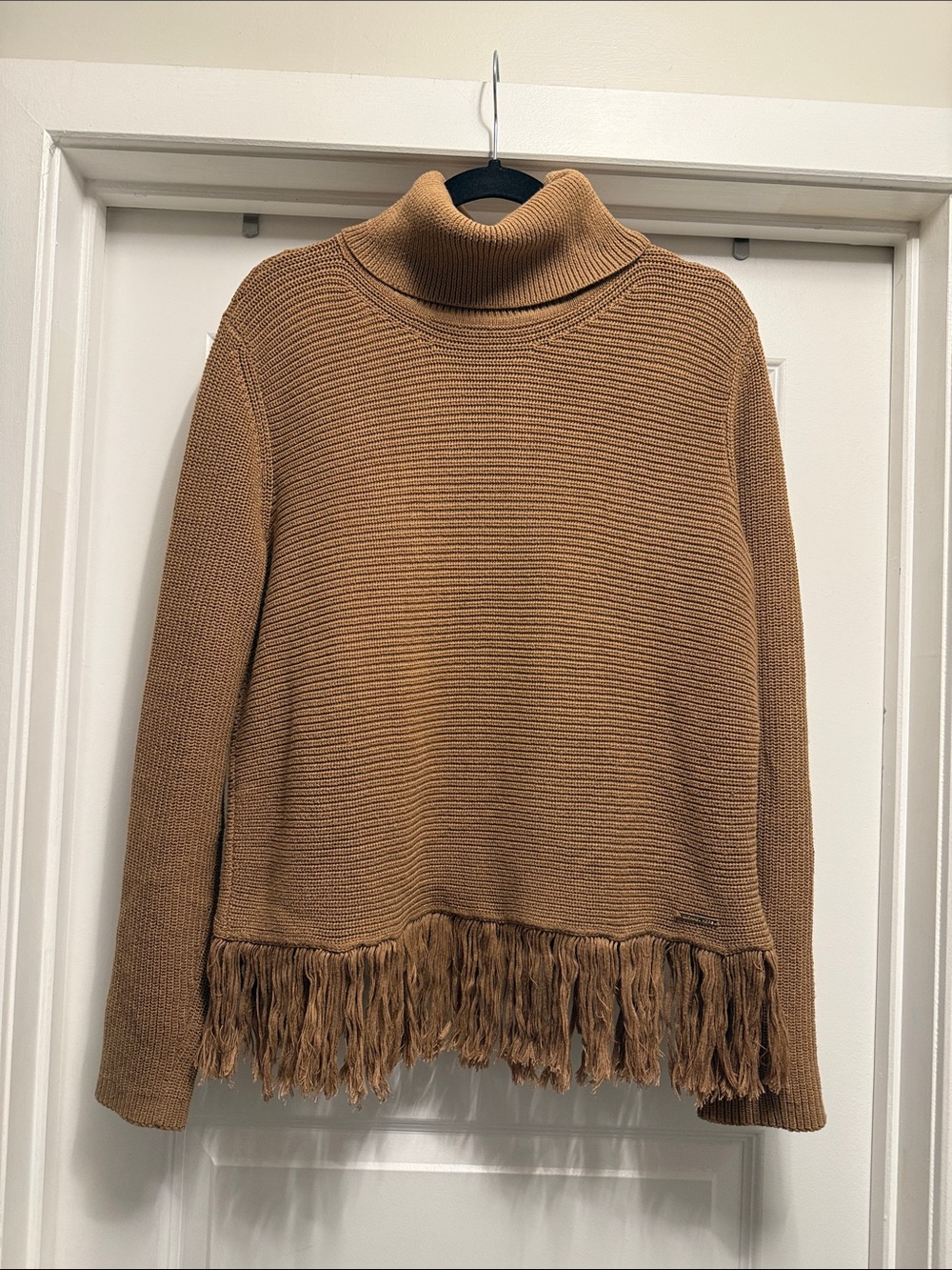 Michael Kors Turtleneck Fringe Hem Sweater - Camel